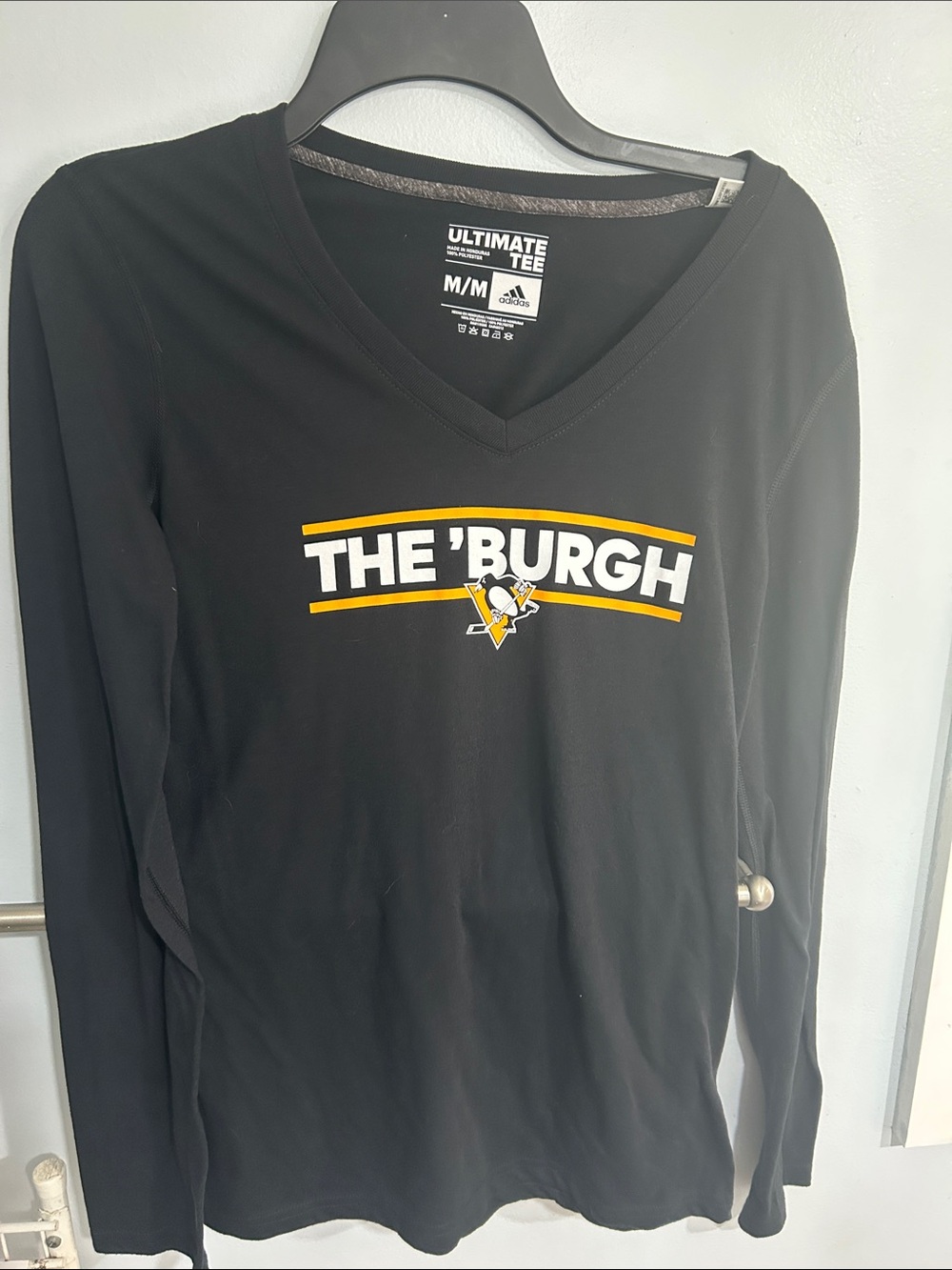 adidas Black Long Sleeve V-Neck Tee with Yellow & White 'THE 'BURGH' Graphic-